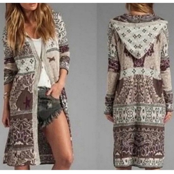 Free People Americana Bandana Hooded Long Duster Cardigan Sweater Size Medium - Picture 15 of 15